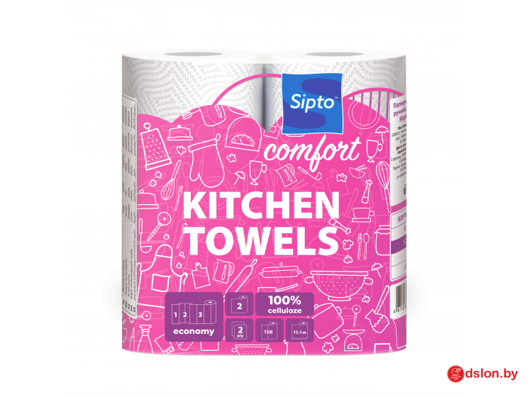 Бумажные кухонные полотенца «Sipto Comfort» белые (1*2рул.), 2-х слойные, 12 упак/меш.